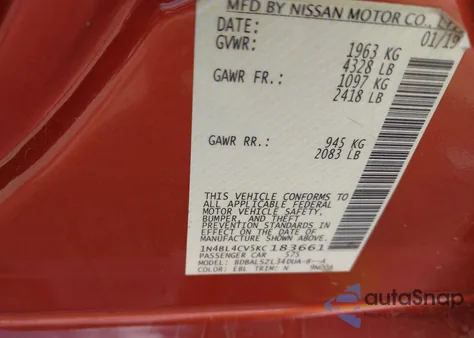 2019 Nissan Altima 2.5 Sr z USA, uszkodzony, nr VIN 1N4BL4CV5KC183661